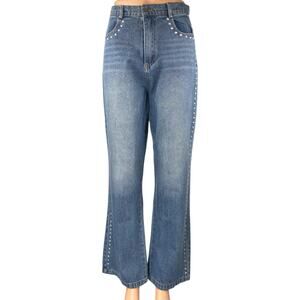 Women's Blue Studded Medium Wash High Waist Flared Bootcut Denim Jeans Pants 28